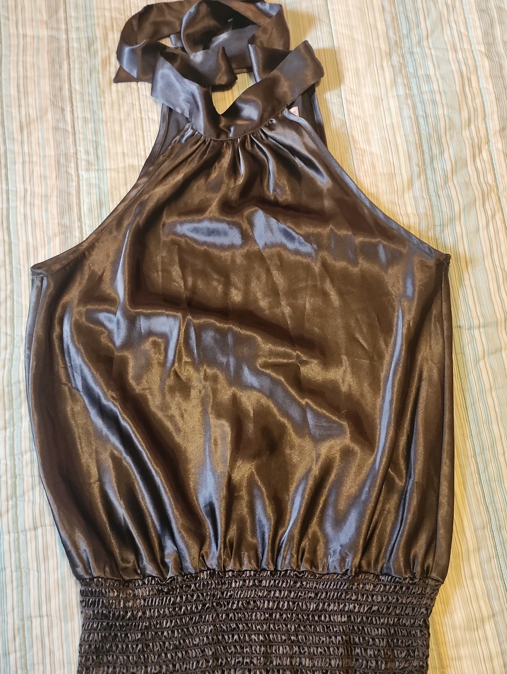 Satin Halter Neck Smocked Waist Tank Top - Dark Gray